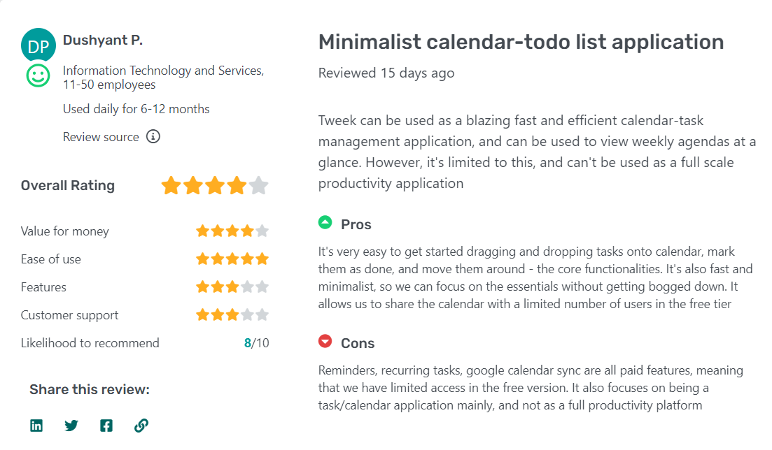 Tweek Calendar Testimonial